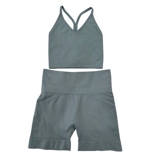 SET ACTIVE Ribbed Seamless Bra Top & Sculptflex Shorts Set Athletic Blue S/M